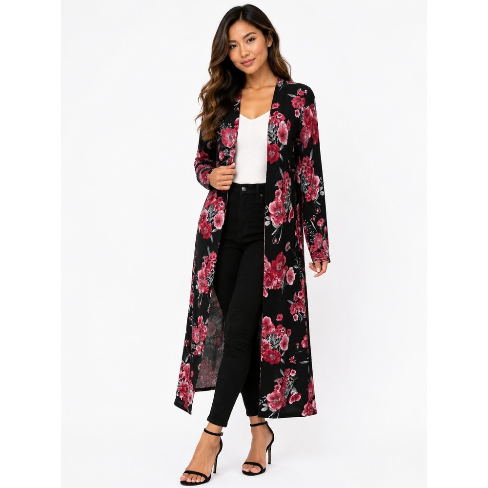 GUESS Women M Duster Cardigan Black Red Floral Open Front Maxi